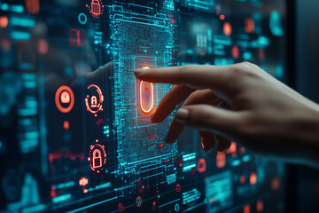 Businesswoman interacting with an immersive digital interface in a futuristic workspace late in the day