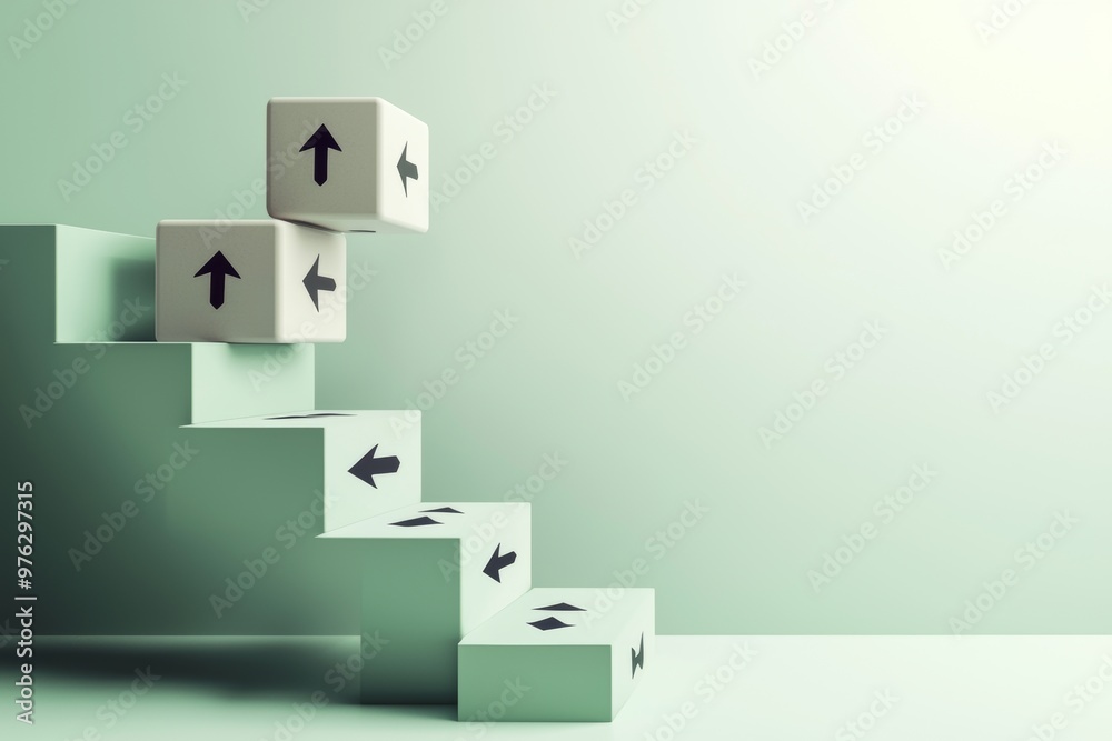 Poster Steps made out of wooden blocks with arrows pointing upwards. Concept of career advancement. 3D rendering.