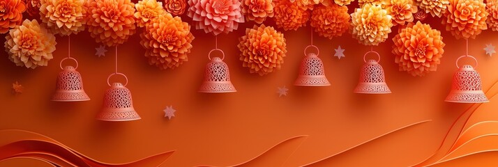 Naklejka premium Diwali Banner with Hanging Marigold Garlands and Intricate Paper-Cut Bells, Accented by Stars