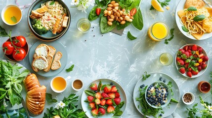 Design an image of a family having a casual weekend brunch at home, with a variety of breakfast and lunch items on the table.