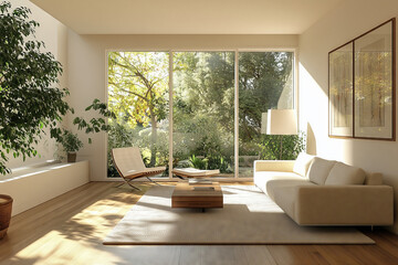Fototapeta premium Bright and airy modern villa living room in beige tones with lush greenery and natural light streaming through large windows