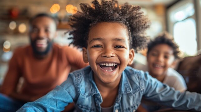 Generate an image of a family playing charades or a similar party game, with everyone actively participating and having fun.