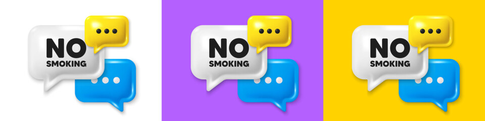 Chat speech bubble 3d icons. No smoking tag. Stop smoke sign. Smoking ban symbol. No smoking chat text box. Speech bubble banner. Offer box balloon. Vector