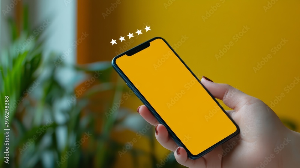 Poster Person holding a smartphone showing a five-star rating. Perfect for concepts on user satisfaction and digital feedback.