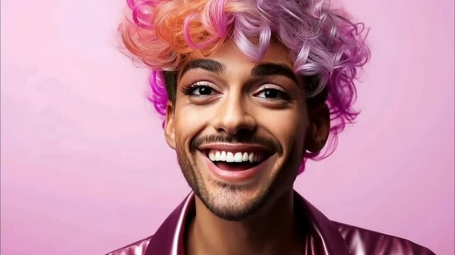 Man with pink and purple hair smiling broadly, bright pink background
