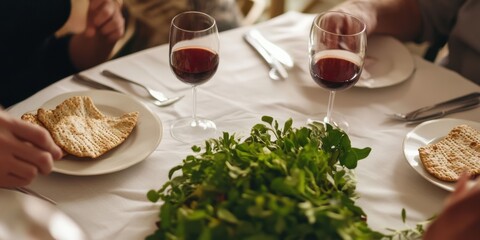 A dining table set with wine glasses, crackers, and a pile of fresh greens, suggesting a meal in progress, with healthy food options and a convivial atmosphere.