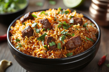 Fototapeta premium Spicy mutton biryani served in a traditional bowl, showcasing vibrant flavors and aromatic herbs in a cozy dining setting