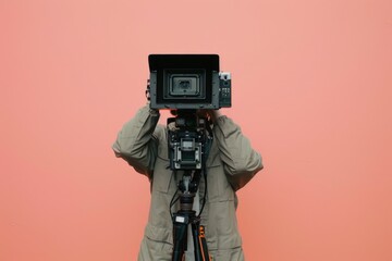 A person holds a camera up to their face, examining the viewfinder