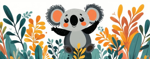 Adorable cartoon koala climbing among vibrant eucalyptus leaves in a whimsical nature setting