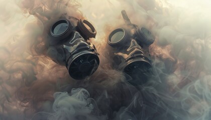 An AI-generated illustration of two gas masks shrouded in smoke, symbolizing environmental pollution