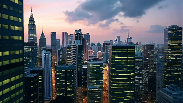 Skyscrapers at sunset in a bustling cityscape, with the sky tinged with pink and purple hues
