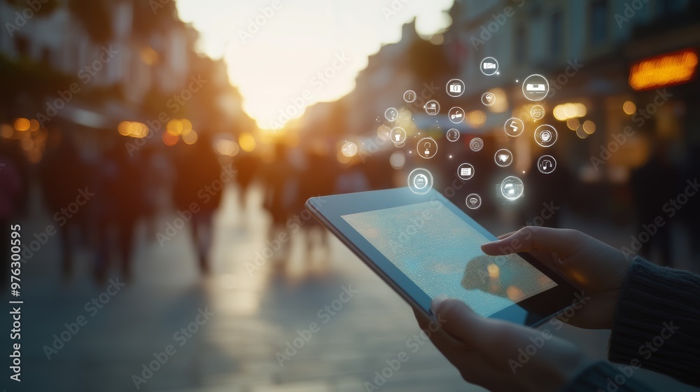 Poster Person using tablet in an outdoor setting with social icons floating. Online networking and messaging engagement.