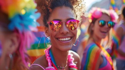 Obraz premium Create a scene of friends and families participating in a pride-themed charity run or walk, wearing rainbow attire and showing solidarity.