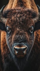 Fototapeta premium Close-up of a bison with textured fur, wildlife portrait. Nature and conservation concept