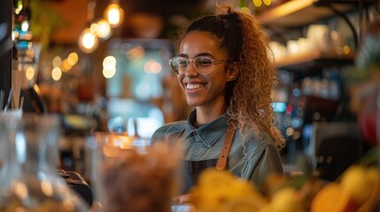 Obraz premium Create a scene of an LGBTQ+ restaurant worker taking orders from customers at the counter, with a welcoming and professional attitude.