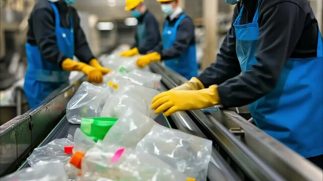 Recycling workers wearing protective gear, sorting through plastic waste in a plant
