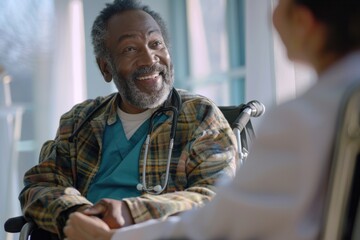 A doctor sits in a chair holding a stethoscope, ready to examine a patient