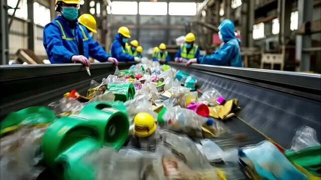 Recycling workers sorting plastic bottles on a conveyor belt in a recycling plant
