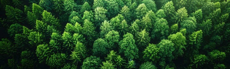 Aerial view of a forest of trees with a green canopy, nature background, banner