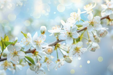 Obraz premium A close-up of a tree branch featuring white flowers, suitable for use in nature-inspired designs or as a symbol of new beginnings