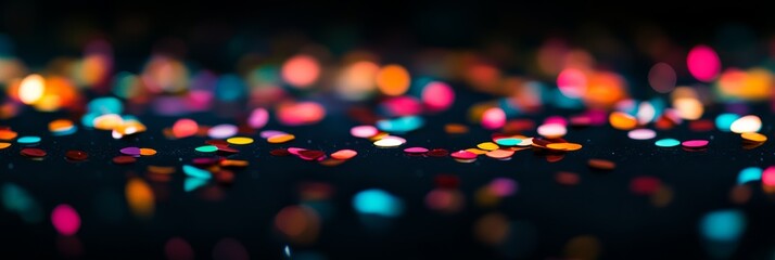 Vivid bokeh lights and confetti scattered on a dark background. Perfect for Black Friday sale promotions.