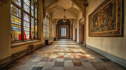 Obraz premium A serene corridor with stained glass windows and intricate wall art, showcasing architectural beauty.