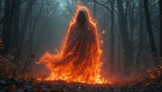 A ghost burning in fire on a dark night in the forest, moonlight and a mysterious Halloween environment
