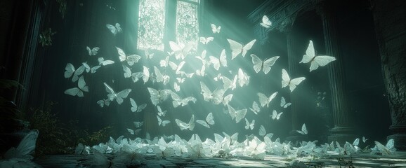 A serene scene of butterflies illuminated by light in a mystical setting.