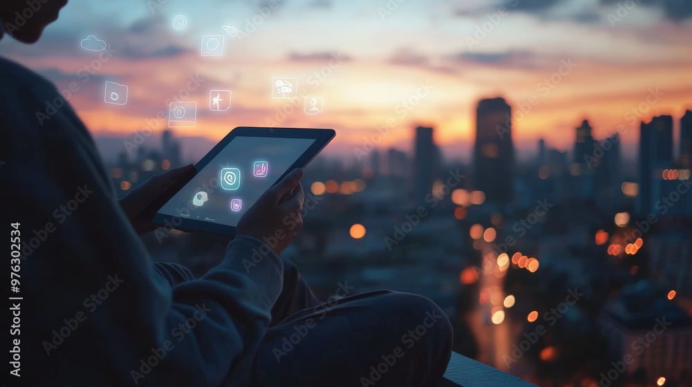 Poster person using tablet with floating social media icons and a city skyline in the background. online in
