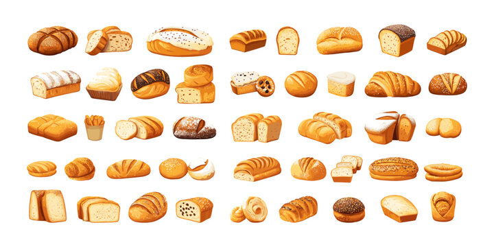 Cartoon breads. Bun puff bagels flatbreads pastries with seeds seasonings, white and rye flour dough crusts products delicious bakery food, isolated vector set