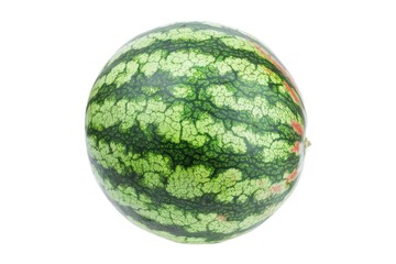 A juicy watermelon with a unique green and red striped pattern, perfect for summer snacking or decorative arrangements