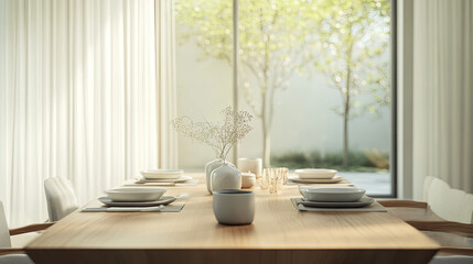 Fototapeta premium A serene dining table set for a meal, featuring natural light and minimalist decor.
