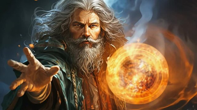 Powerful wizard casting fireball spell with magic
