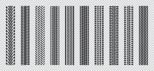 Machinery tires. Tire print. Track tread, tractor or truck pattern, bicycle or motorcycle. Wheel pattern isolated elements. Street road print. Automobile texture ornament silhouette. Vector set