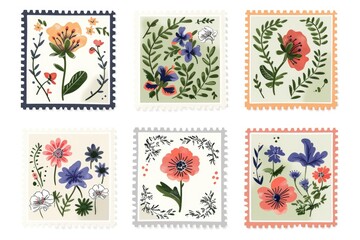 Four colorful stamps featuring various flower designs