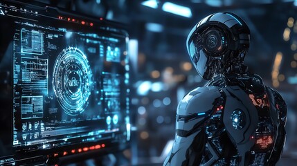 Fototapeta premium Futuristic robot stands in front of a screen with glowing blue digital data.