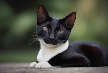 A sleek, black cat with striking yellow eyes is standing on a stone ledge