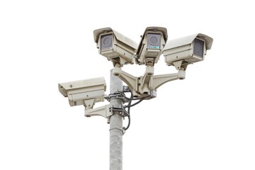 A street light with multiple surveillance cameras installed on it, suitable for urban or cityscape photography