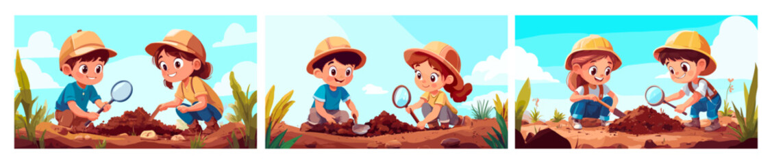 Naklejka premium Cartoon children archaeology. Boy girl kids little diggers work on excavations ground pit, soil explorers with shovel and magnifying glass artifacts searching, vector illustrations