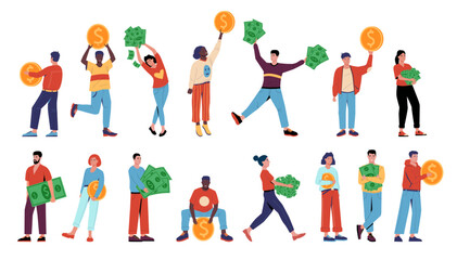 People with coins. Cartoon woman holding banknotes heap. Happy man carrying gold cash. Financial profit. Investment success. Money savings. Millionaire poses. Vector rich persons set