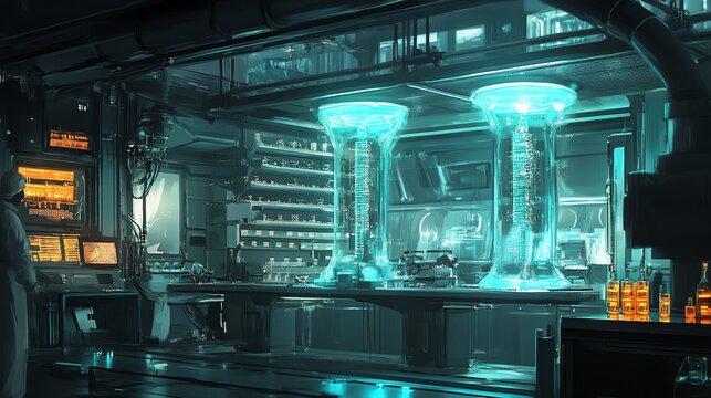 A scientist in a futuristic lab with glowing glass cylinders.