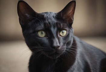 A sleek, black cat with striking yellow eyes is standing on a stone ledge