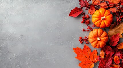   An autumnal scene featuring leaves and pumpkins against a grayscale backdrop, with space for text or an image