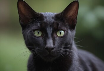 A sleek, black cat with striking yellow eyes is standing on a stone ledge