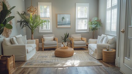 A serene therapy room setup with calming colors, comfortable seating, and therapeutic tools for mental health support