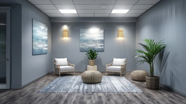A serene therapy room setup with calming colors, comfortable seating, and therapeutic tools for mental health support