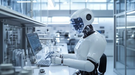 A futuristic robot working at a computer in a sterile laboratory setting.