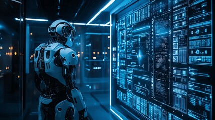 White robot looking at a large screen with data and code in a futuristic server room.