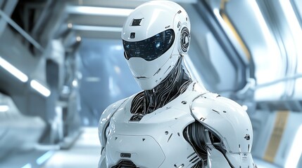 A white humanoid robot in a futuristic environment.