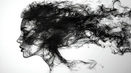 Fototapeta premium A monochrome snapshot of a woman with flowing hair obstructing her face